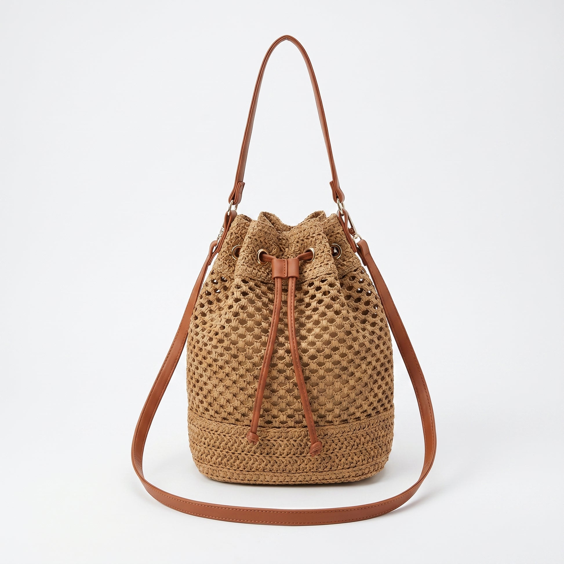 Stile Donna borsa secchiello paglia intrecciata spallacci ecopelle marrone – vista frontale