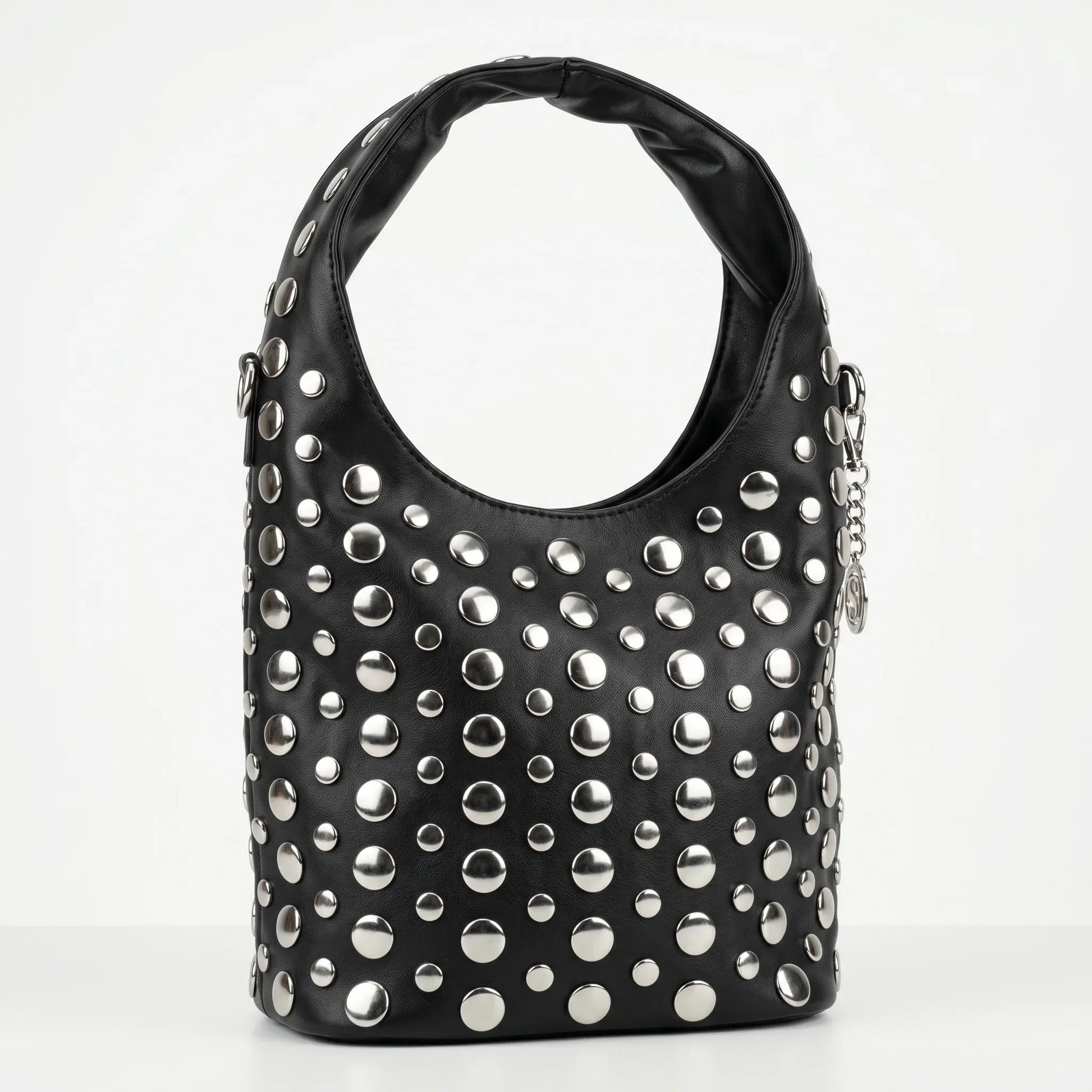 Stile Donna borsa Silver Dot media ecopelle nera con tracolla regolabile donna – vista frontale