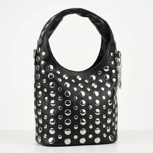 Stile Donna borsa Silver Dot media ecopelle nera con tracolla regolabile donna – vista frontale