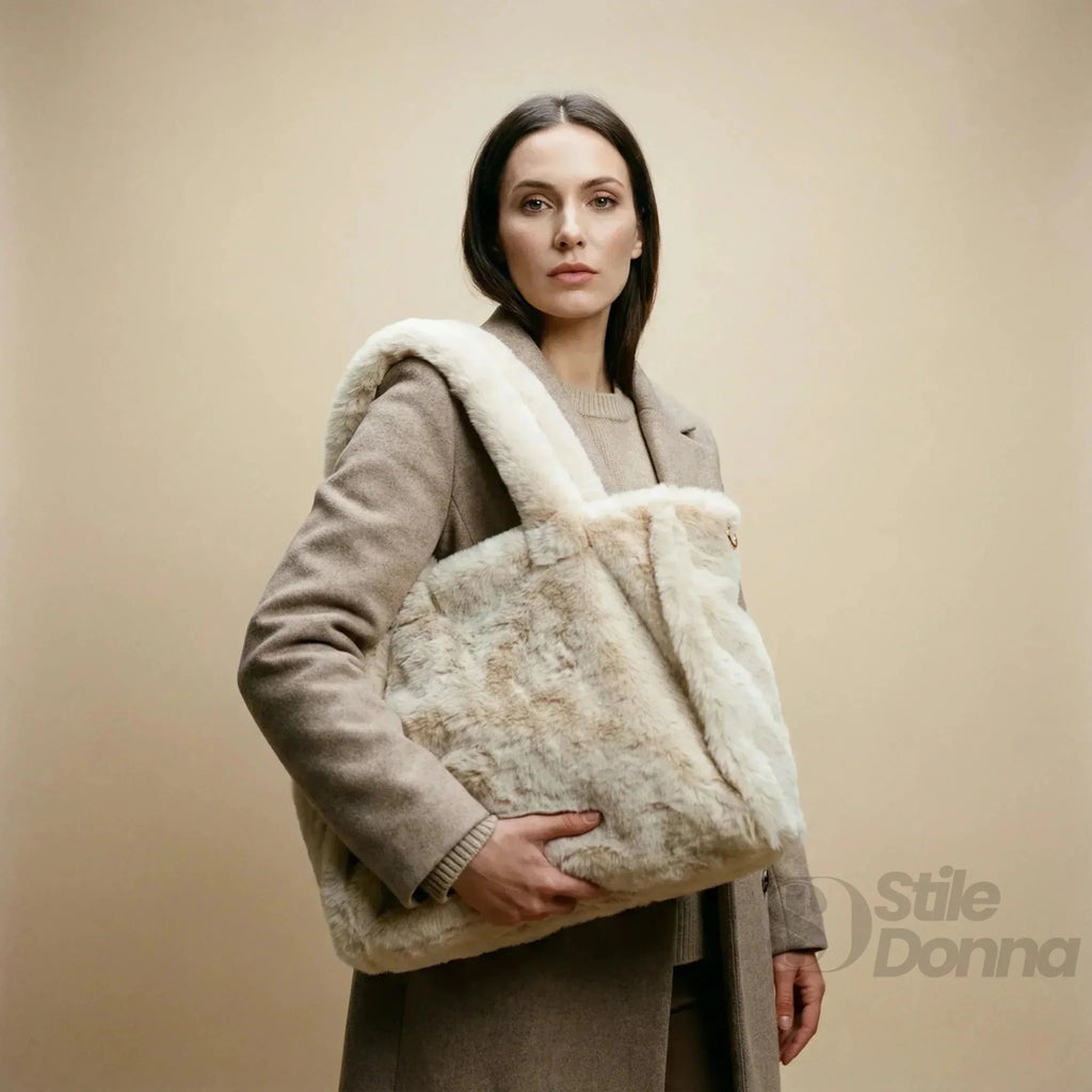 Borsa Tote in Pelliccia Sintetica Color Crema per Outfit Casual e Formali - Stile Donna Bags