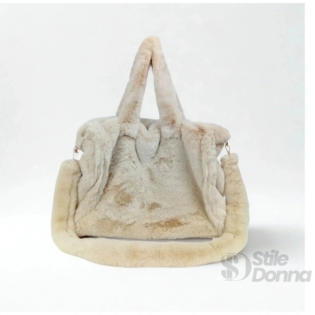 Borsa Tote in Pelliccia Sintetica Color Crema per Outfit Casual e Formali - Stile Donna Bags