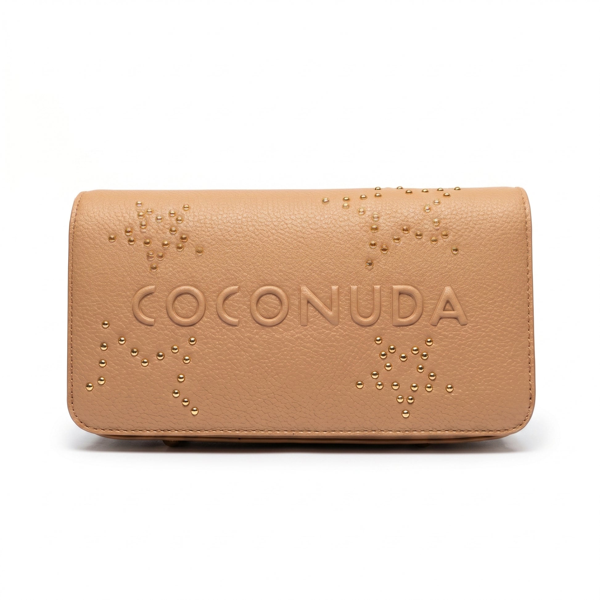 Borsa tracolla Coconuda beige ecopelle pebbled logo e borchie sferiche - dettaglio frontale