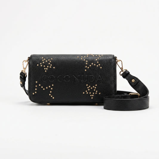 Borsa tracolla Coconuda nera ecopelle logo rilievo borchie oro con tracolla - vista laterale