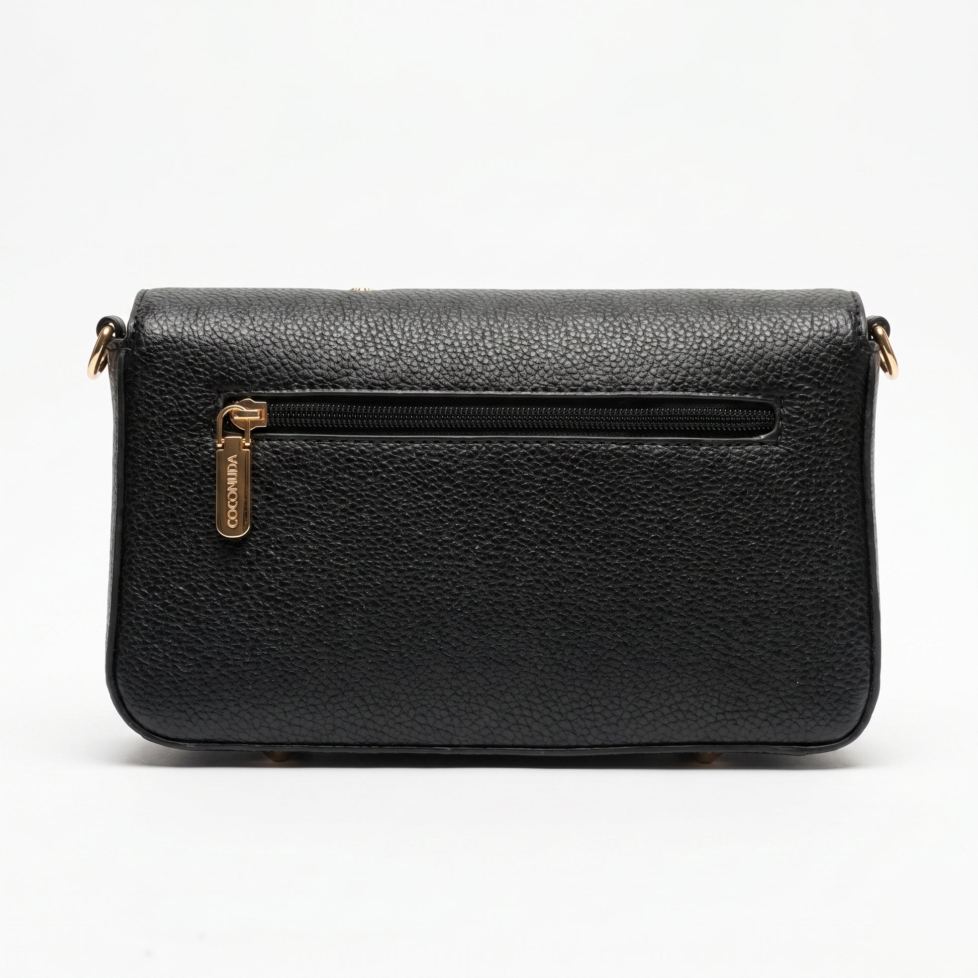Borsa Coconuda nera ecopelle borchie dorate con tracolla - vista posteriore con zip