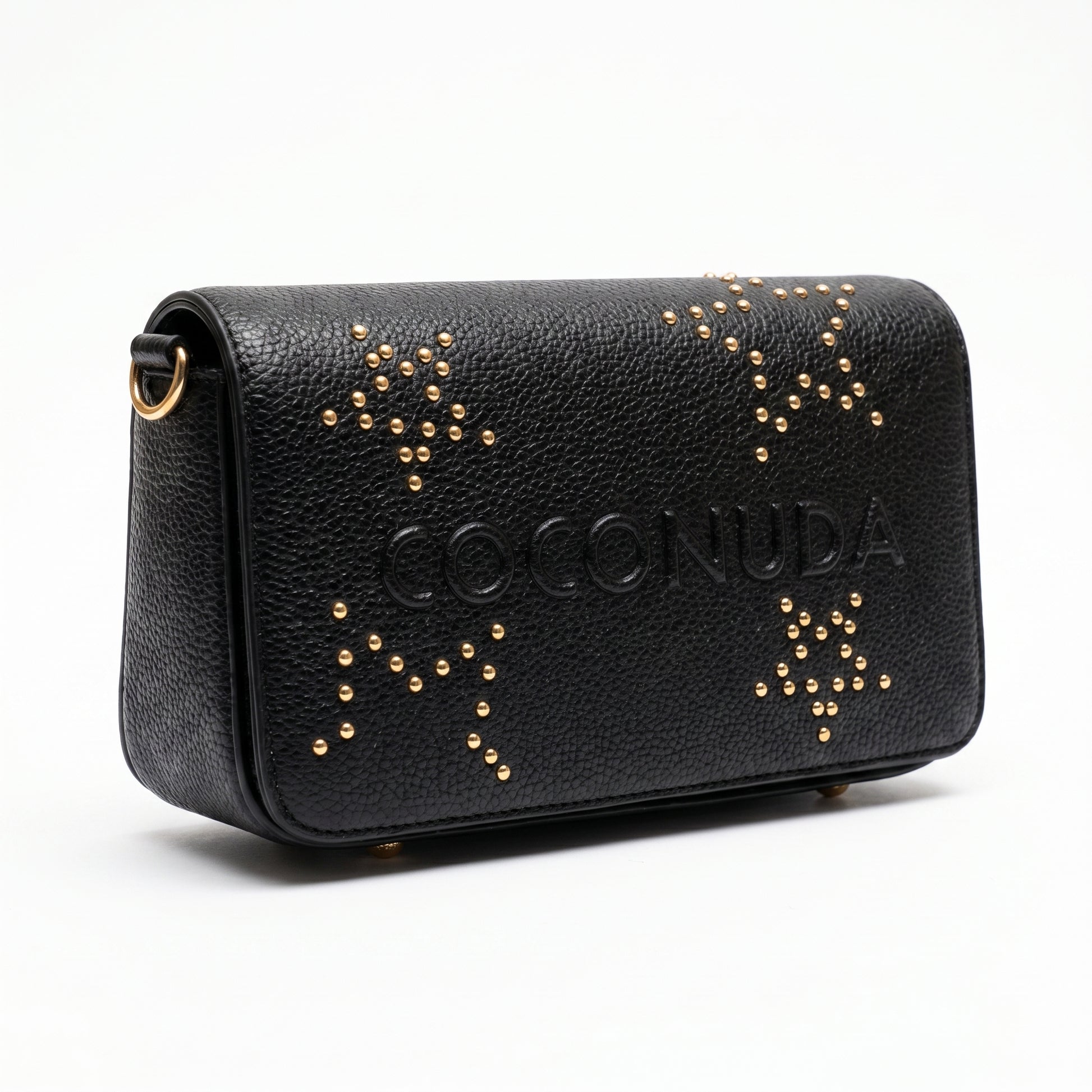 Borsa tracolla Coconuda nera ecopelle pebbled logo rilievo borchie oro - vista laterale angolata
