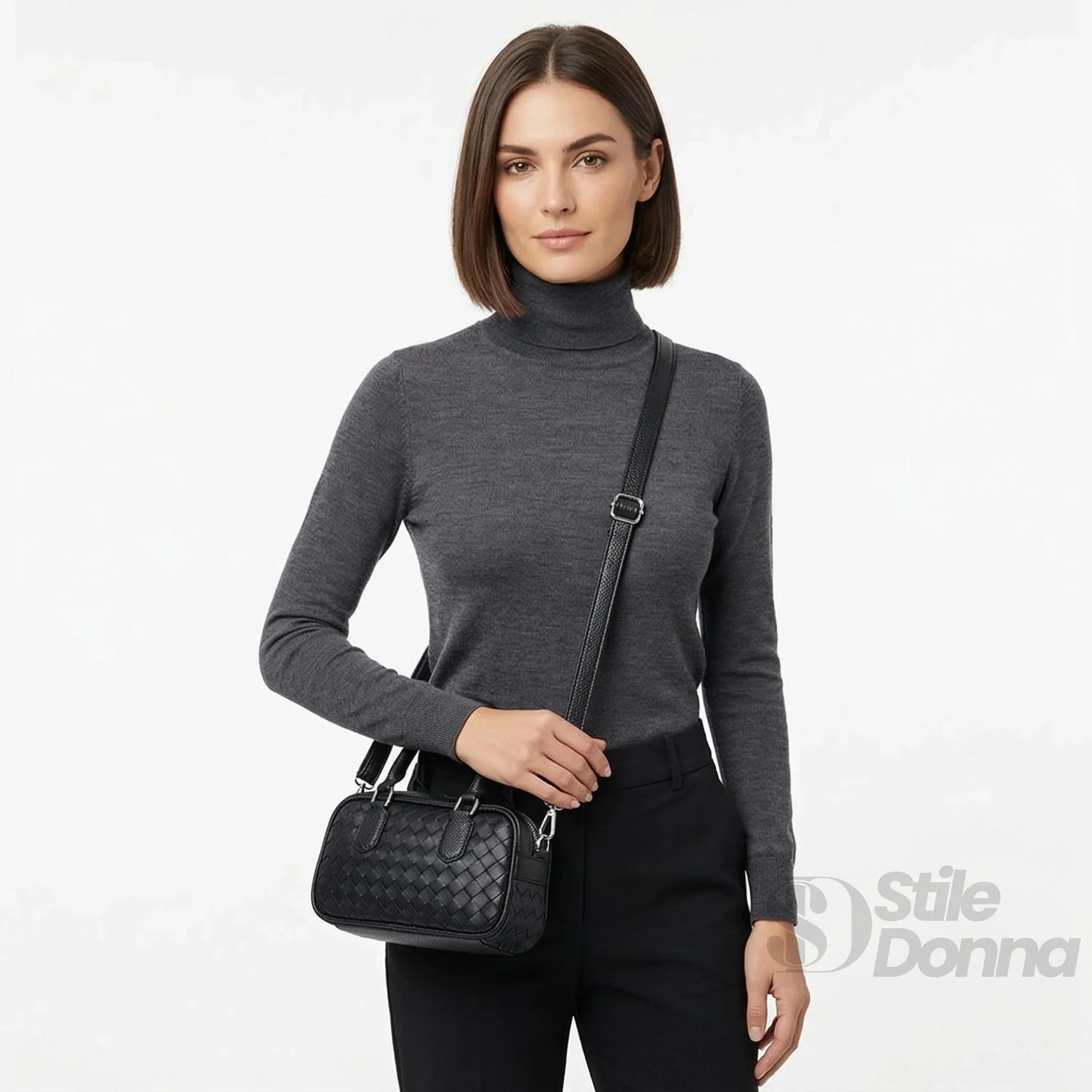 Stile Donna borsa a cilindro ecopelle nera intrecciata fodera microfibra – vista laterale
