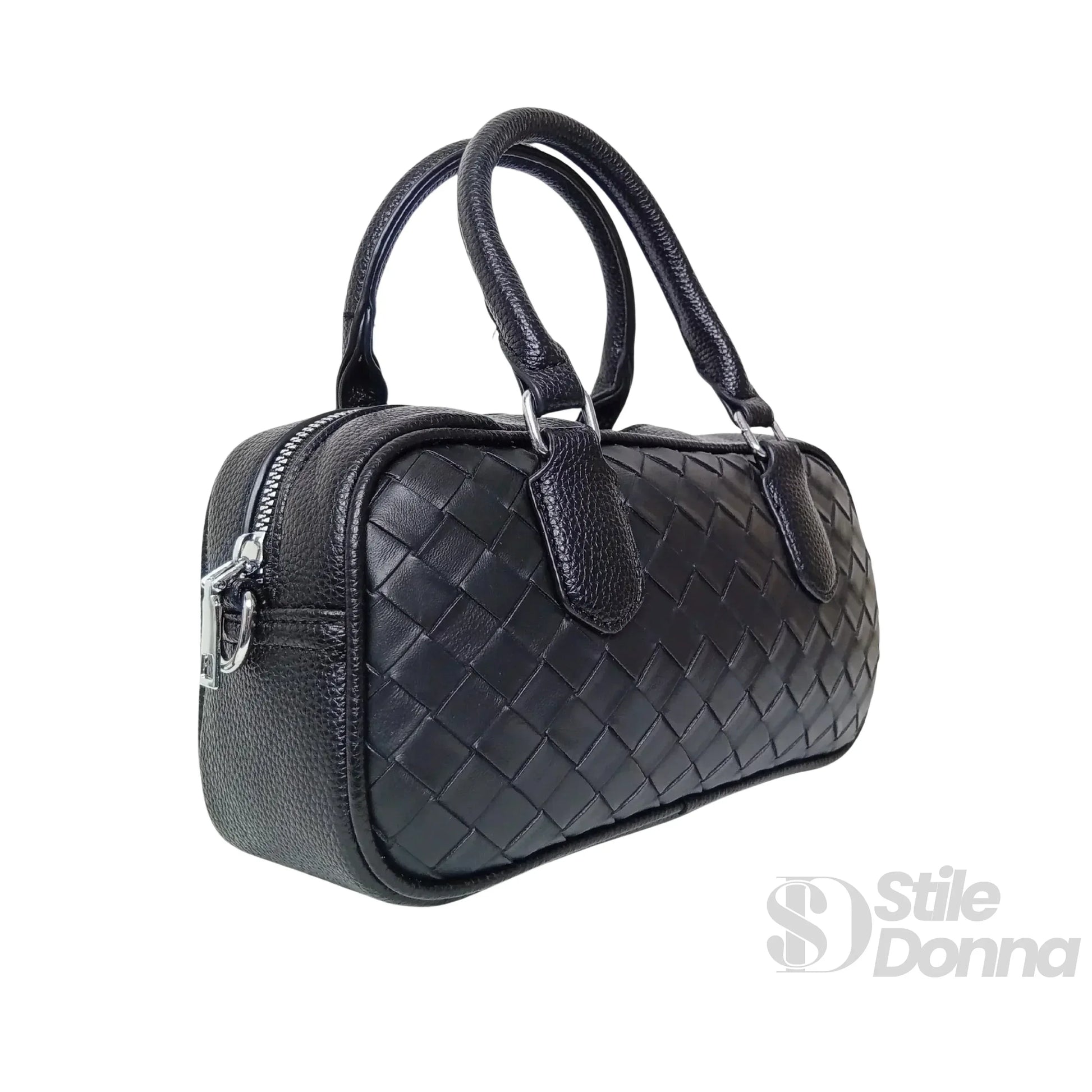 Stile Donna borsa a cilindro ecopelle nera intrecciata donna – borsa indossata