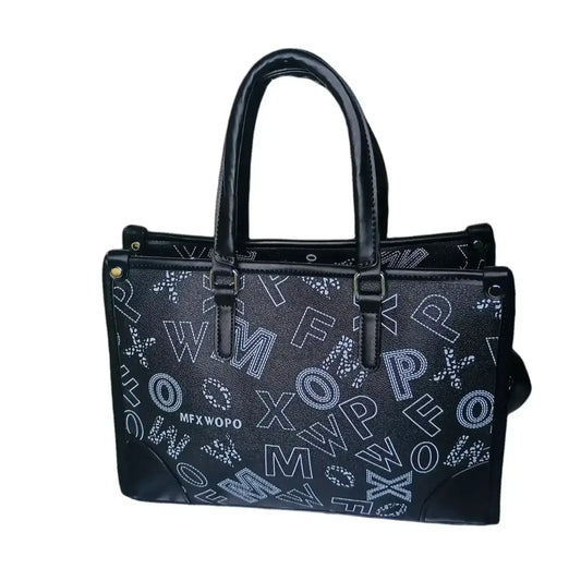 Stile Donna borsa a mano ecopelle nera con stampa e tracolla donna – vista frontale
