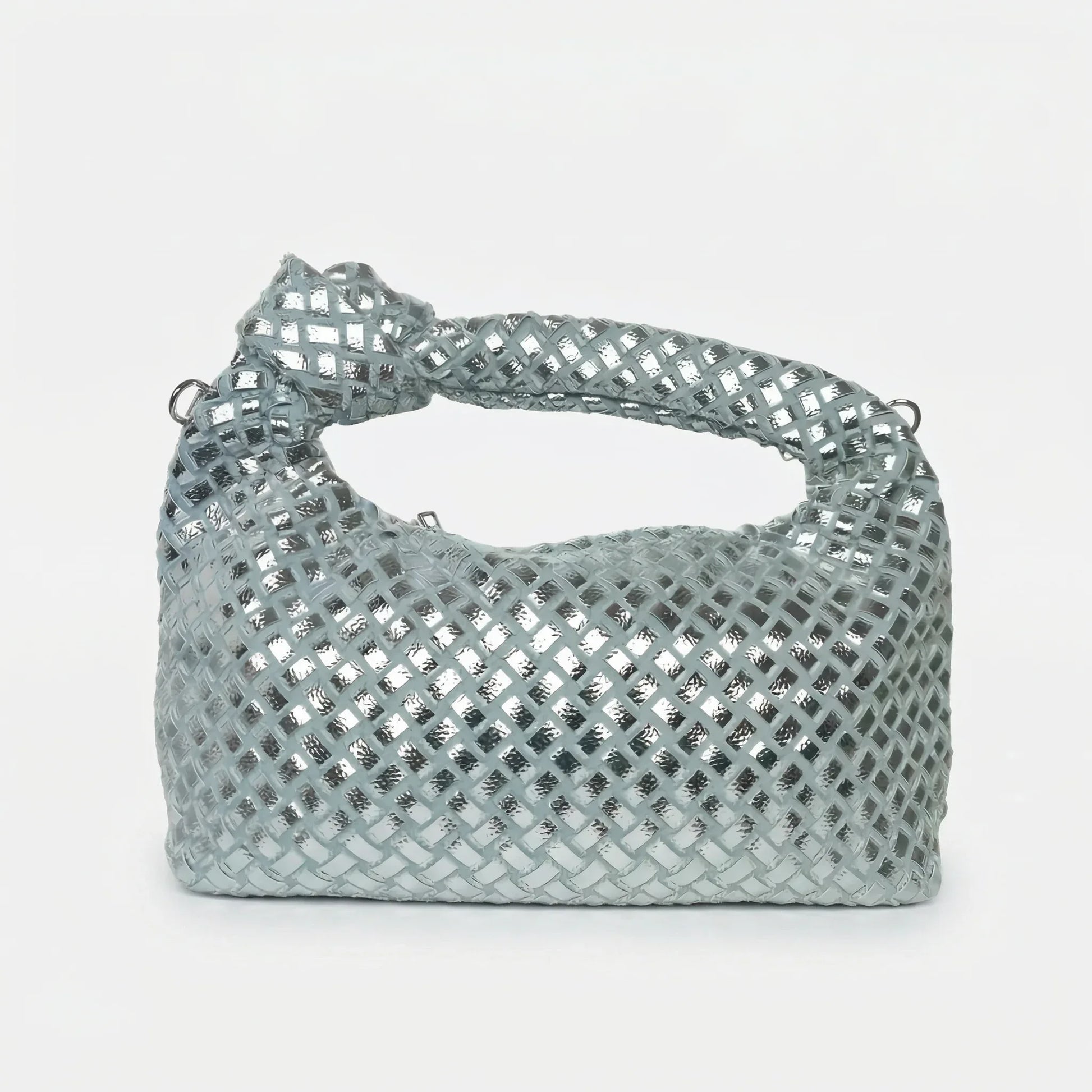 Stile Donna borsa a mano ecopelle argento con manico a nodo intrecciato – vista laterale