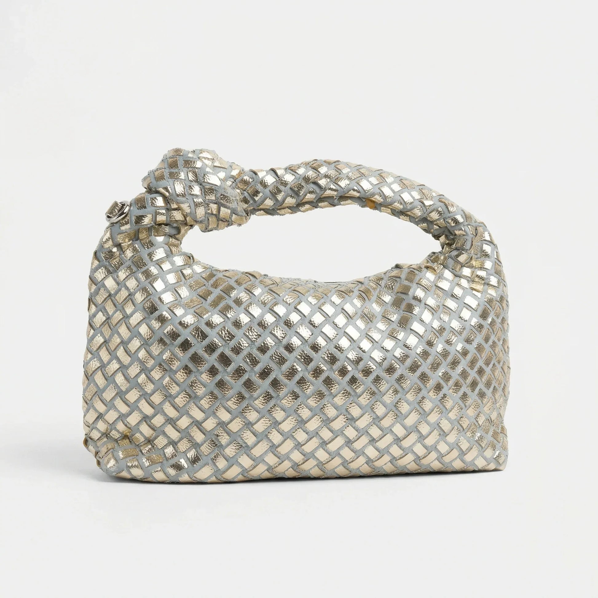 Stile Donna borsa a mano ecopelle argento e oro con manico a nodo intrecciato donna – vista frontale