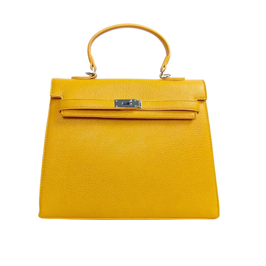 Stile Donna borsa a mano ecopelle gialla con dettagli metallo argentato donna – vista frontale