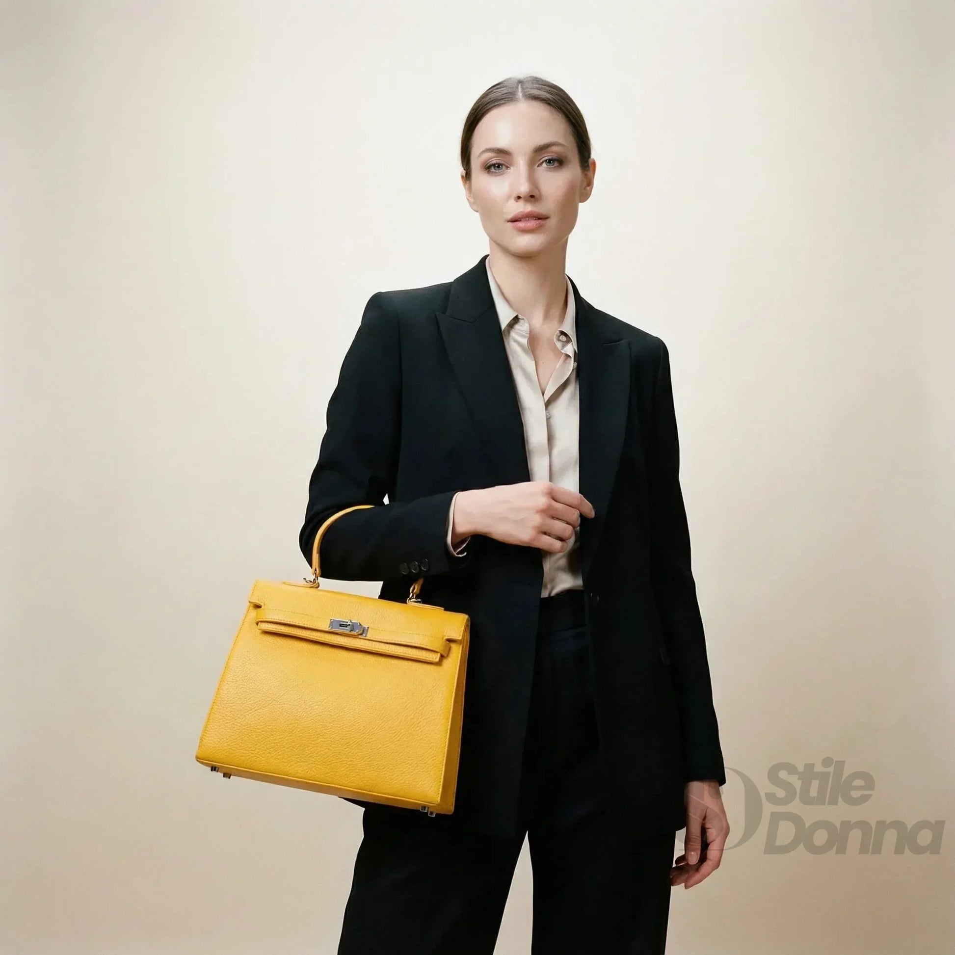 Stile Donna borsa a mano ecopelle gialla con dettagli argentati – vista laterale