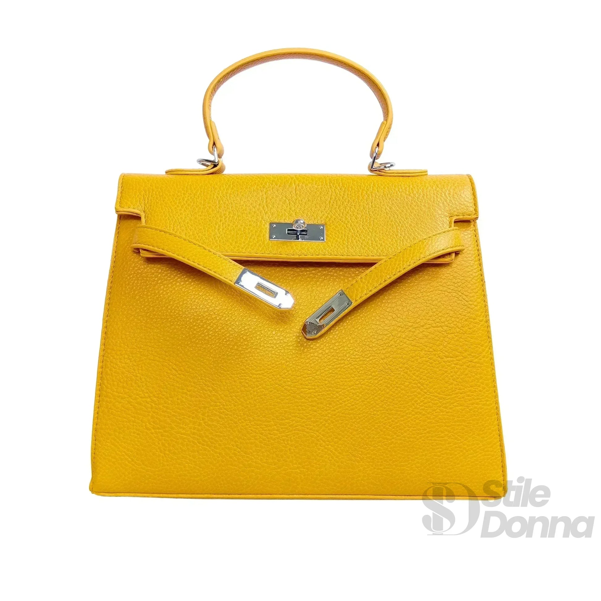 Stile Donna borsa a mano ecopelle gialla con dettagli argentati donna – borsa indossata