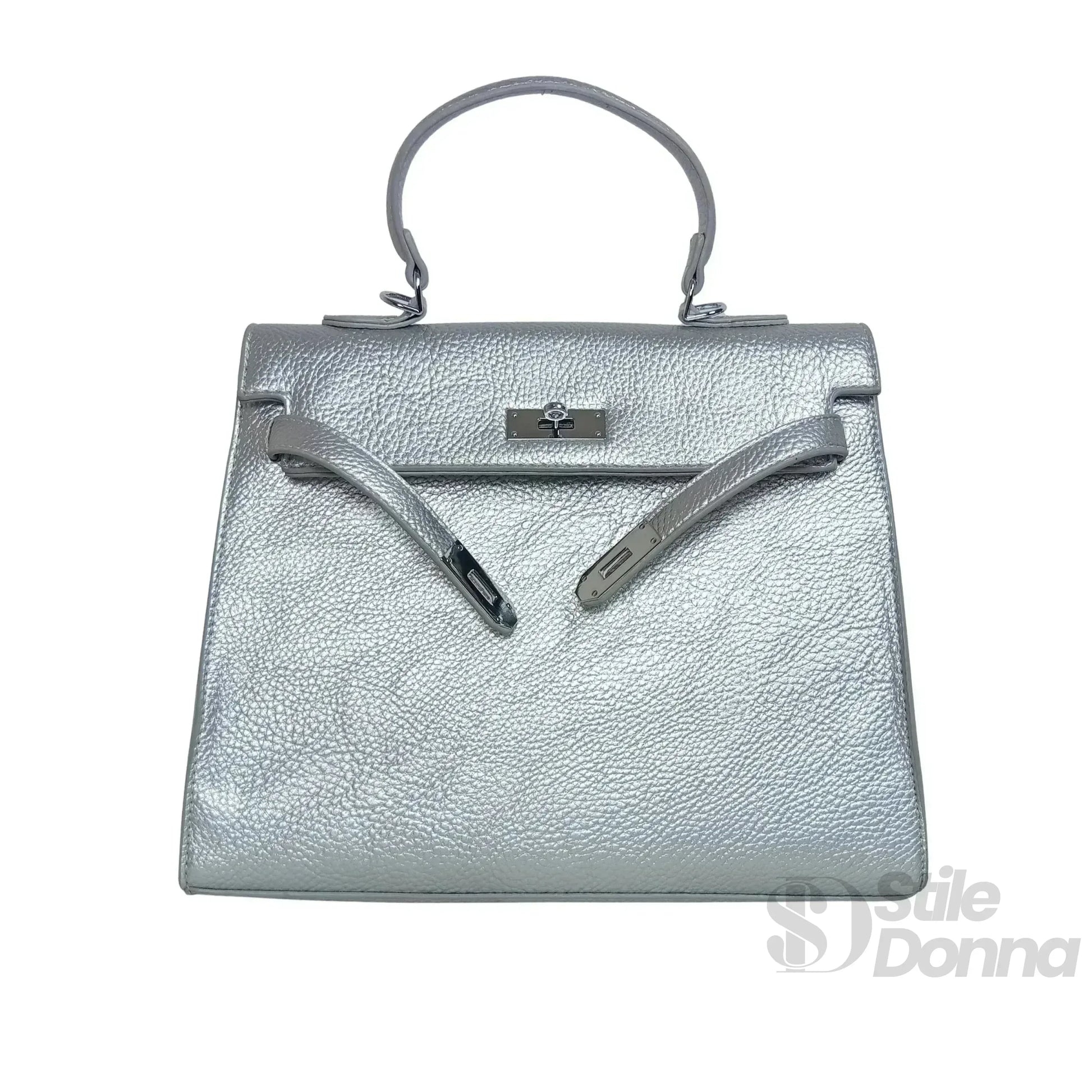 Stile Donna borsa a mano ecopelle gialla con dettagli argentati – dettaglio chiusura