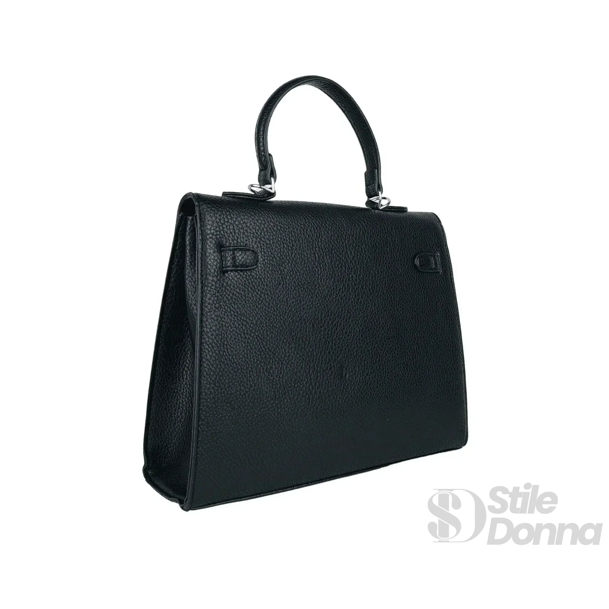 Stile Donna borsa a mano ecopelle gialla nera con dettagli argentati – vista dall'alto