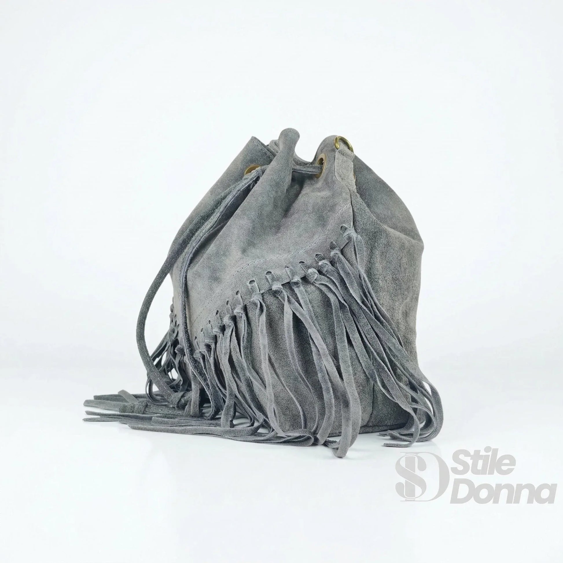 Stile Donna borsa secchiello pelle scamosciata grigia con frange – vista laterale