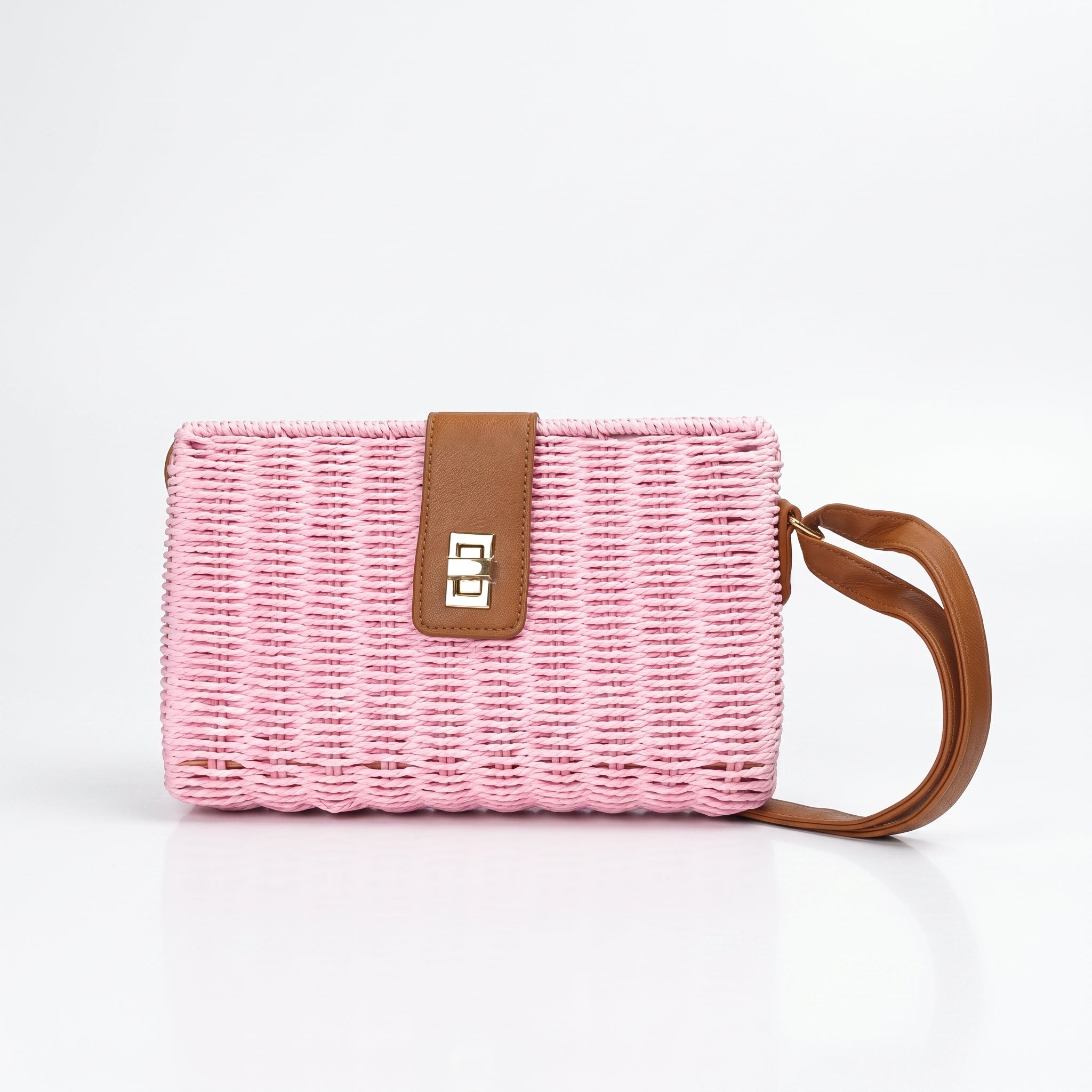 Borsa a Spalla Intrecciata in Paglia con Tracolla Ecopelle e Dettagli Dorati - Stile Donna Bags