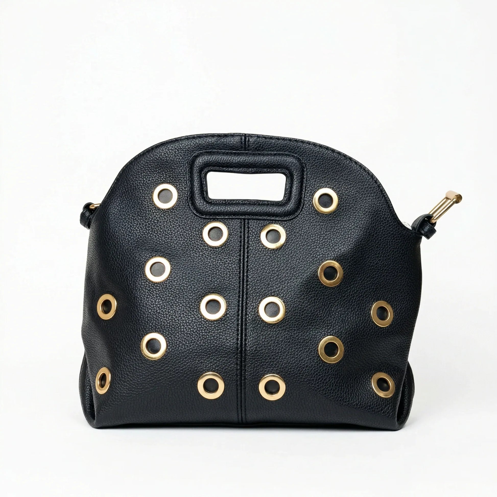 Stile Donna borsa a spalla ecopelle nera con occhielli circolari dorati – vista posteriore