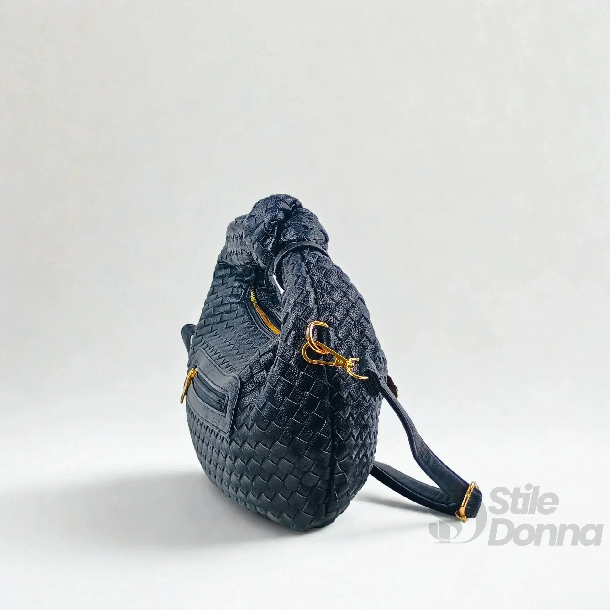 Stile Donna borsa a spalla ecopelle intrecciata beige con tracolla – interno e tasche