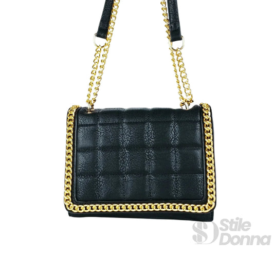 Stile Donna borsa a tracolla ecopelle nera trapuntata catena dorata – vista posteriore