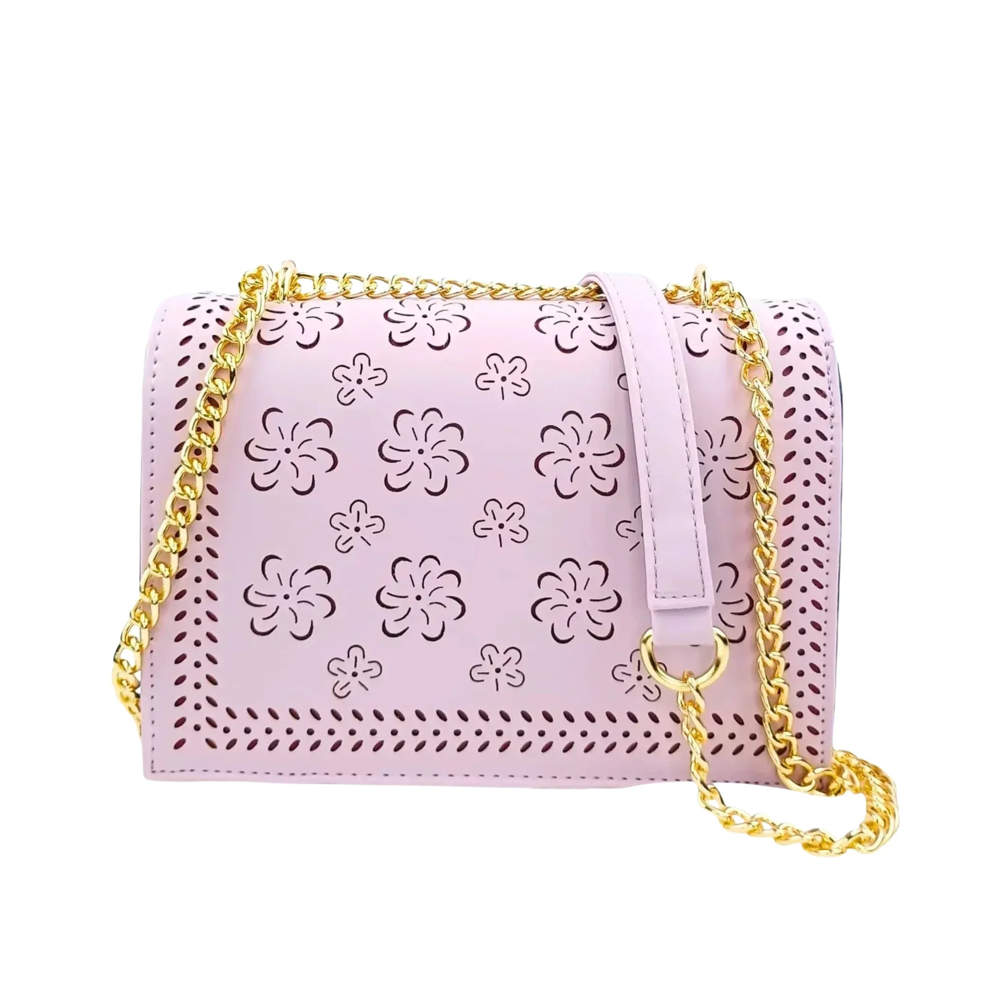 Stile Donna borsa a tracolla ecopelle viola con catena dorata rosa – vista frontale