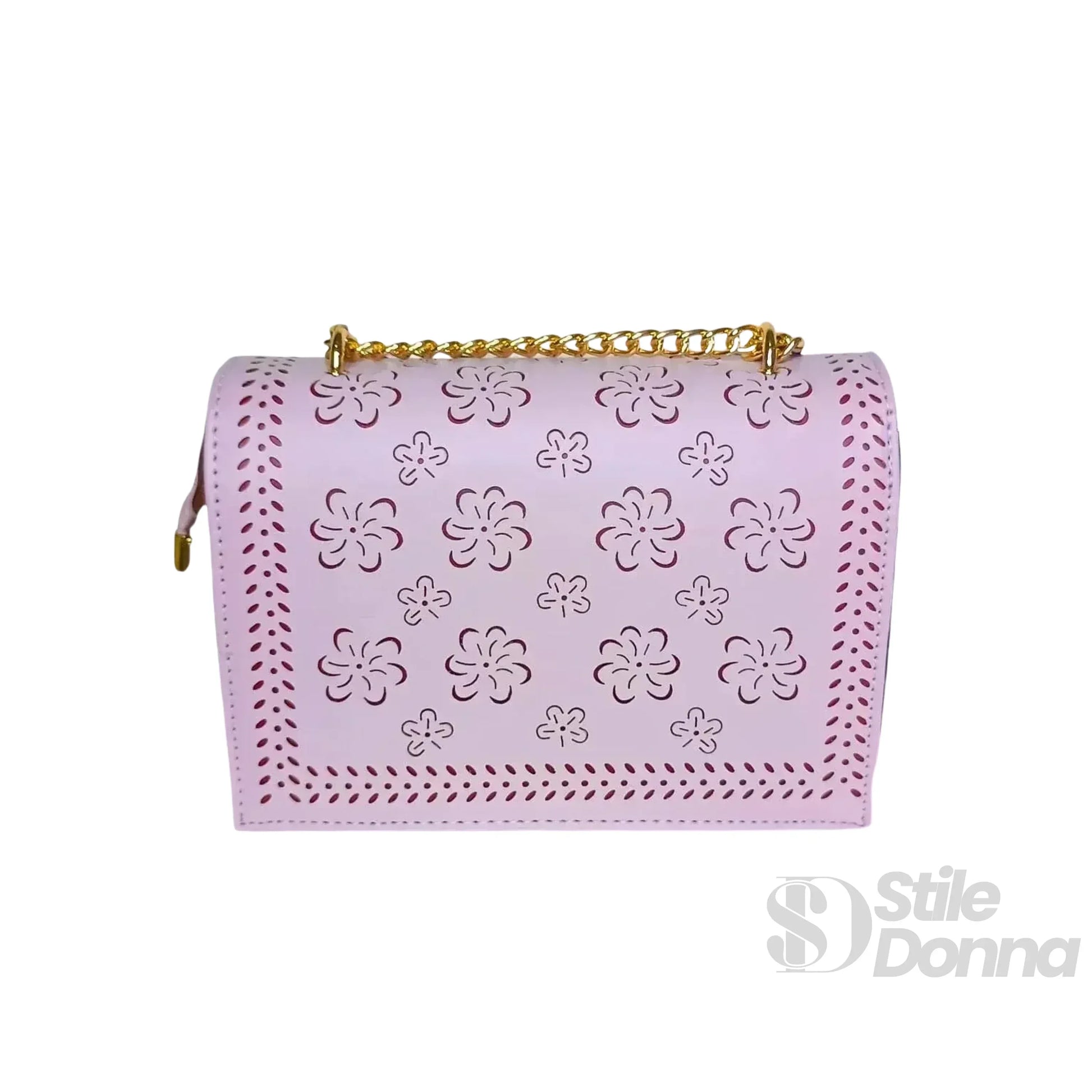 Stile Donna borsa a tracolla ecopelle viola lavanda con catena dorata – vista laterale
