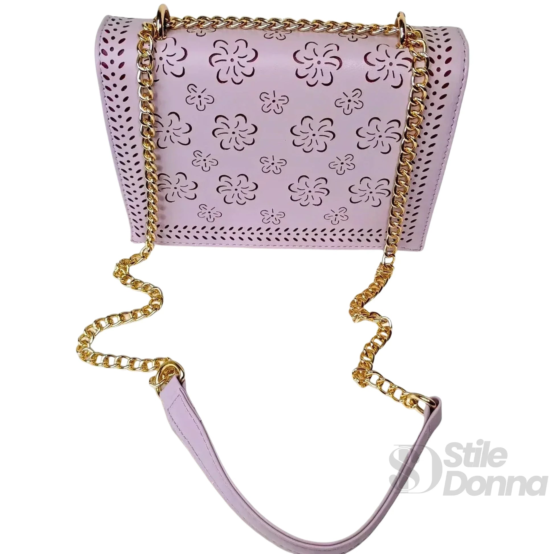 Stile Donna borsa a tracolla ecopelle viola con catena dorata – vista posteriore