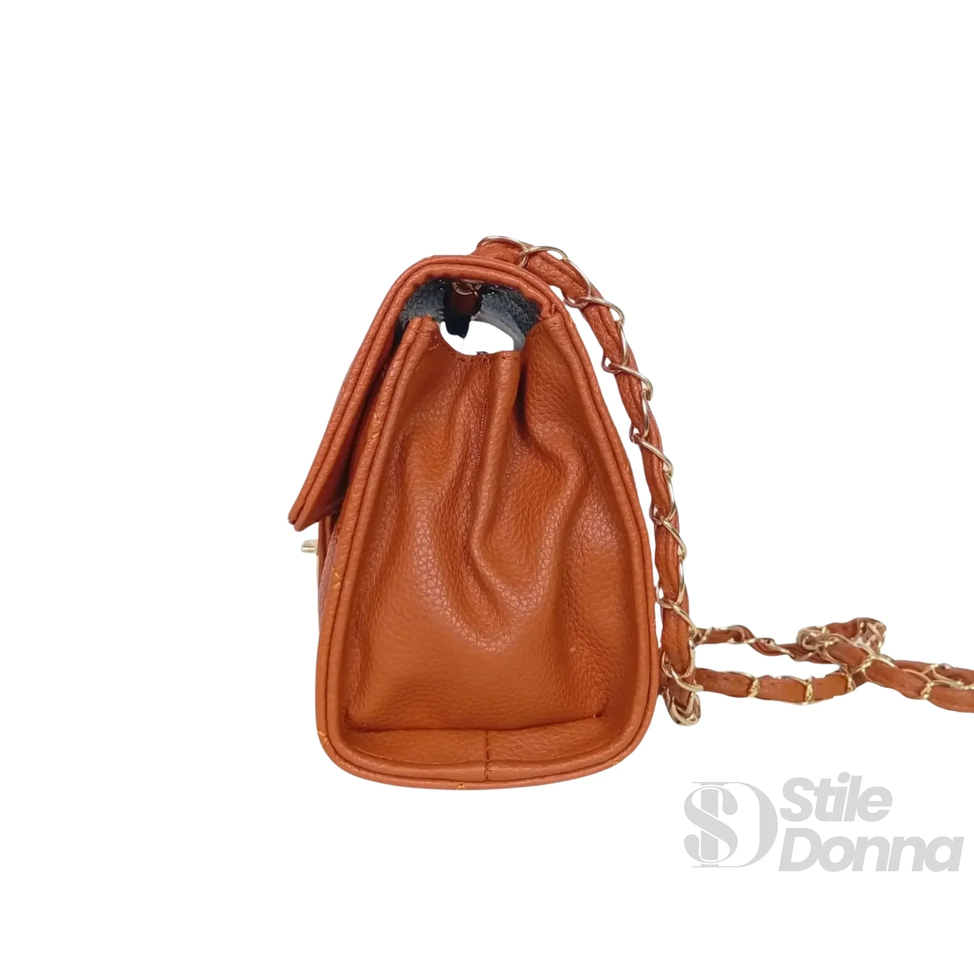 Stile Donna borsa a tracolla ecopelle marrone con catena – dettaglio chiusura