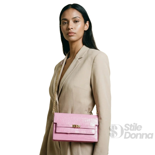 Stile Donna borsa a tracolla similpelle rosa texture coccodrillo – vista laterale