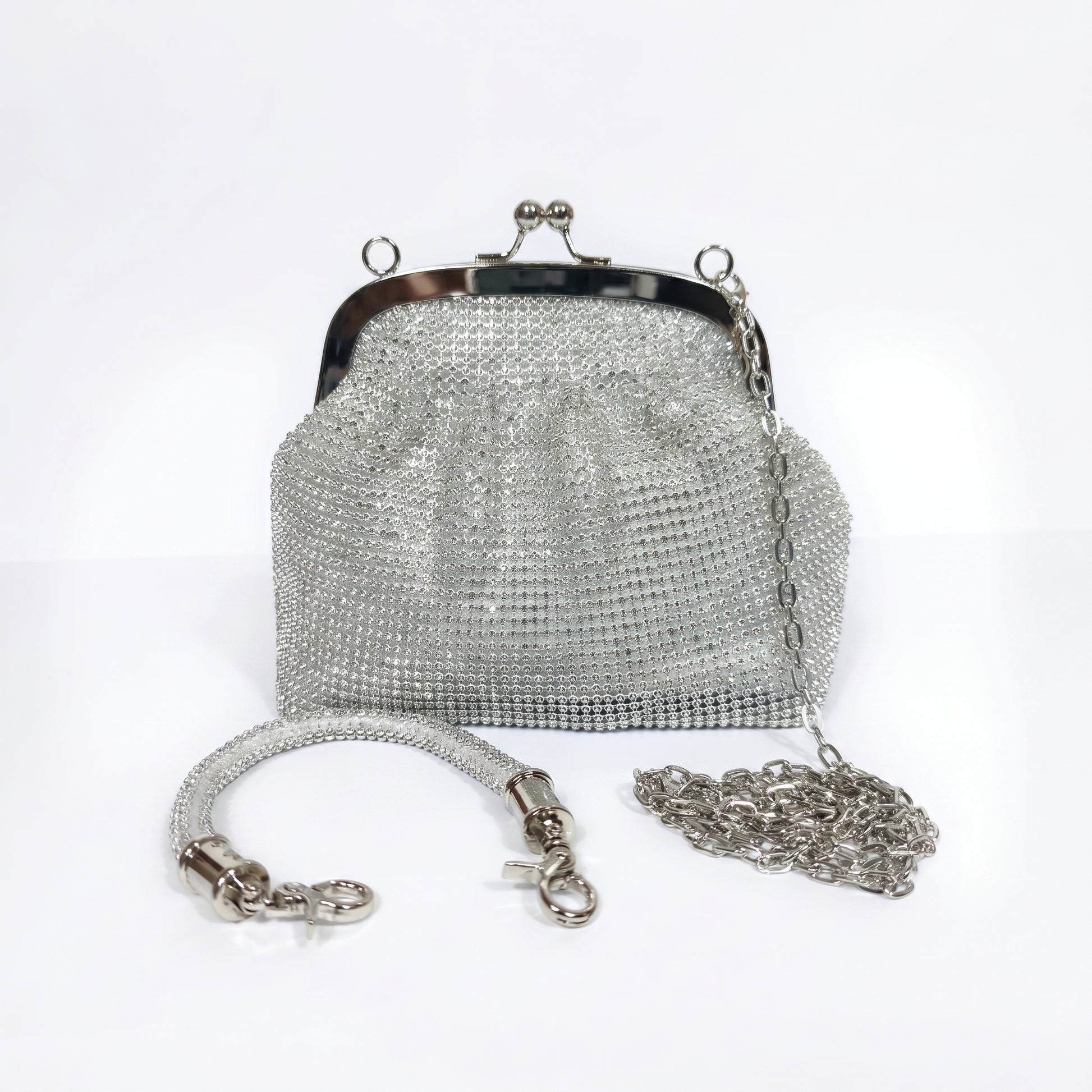 Stile Donna borsa da sera mesh strass argento – vista laterale