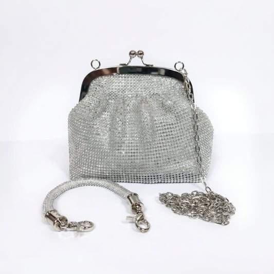 Stile Donna borsa da sera mesh strass argento – vista laterale