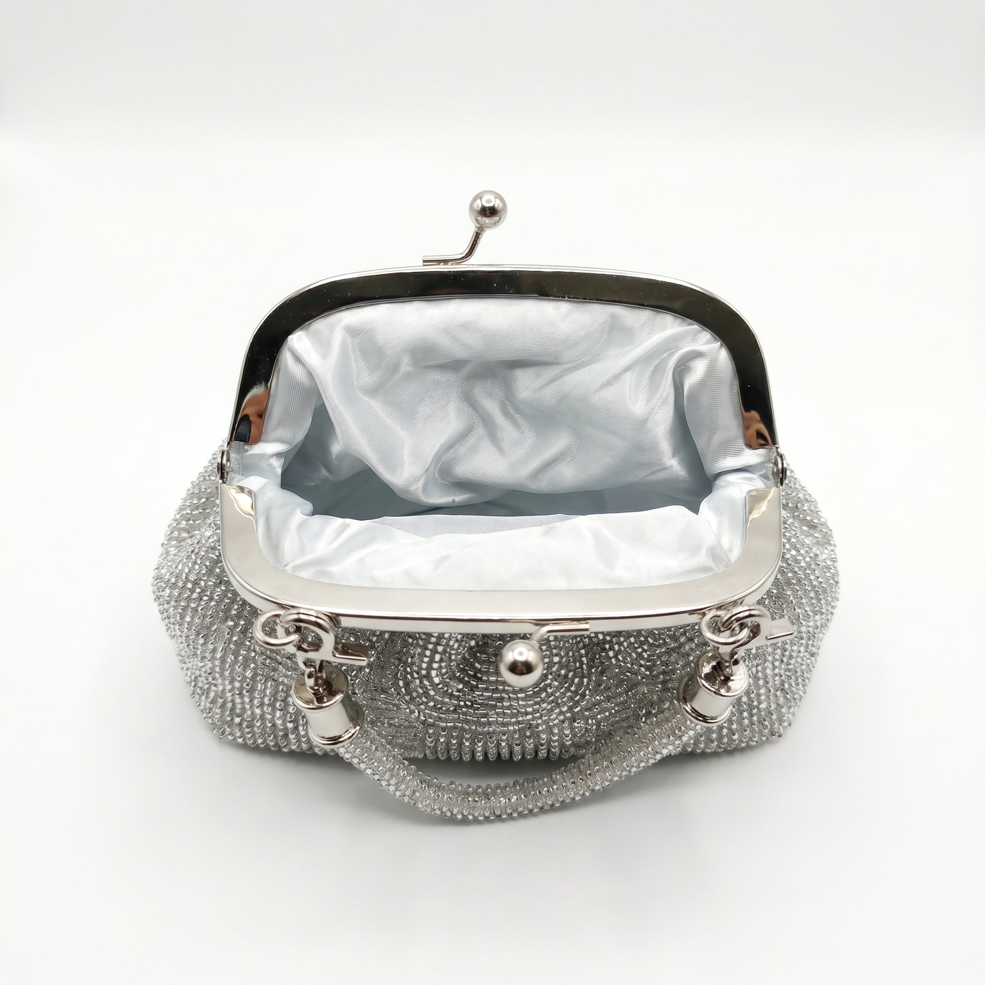 Stile Donna borsa da sera mesh strass argento – dettaglio esterno