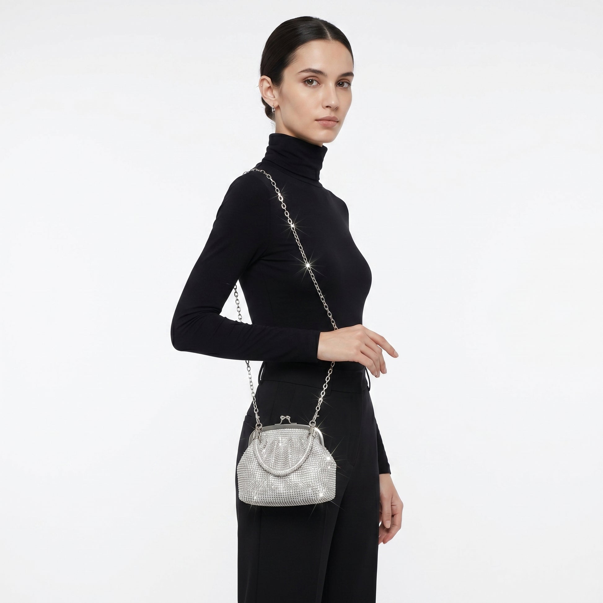 Stile Donna borsa da sera mesh strass argento - Prova