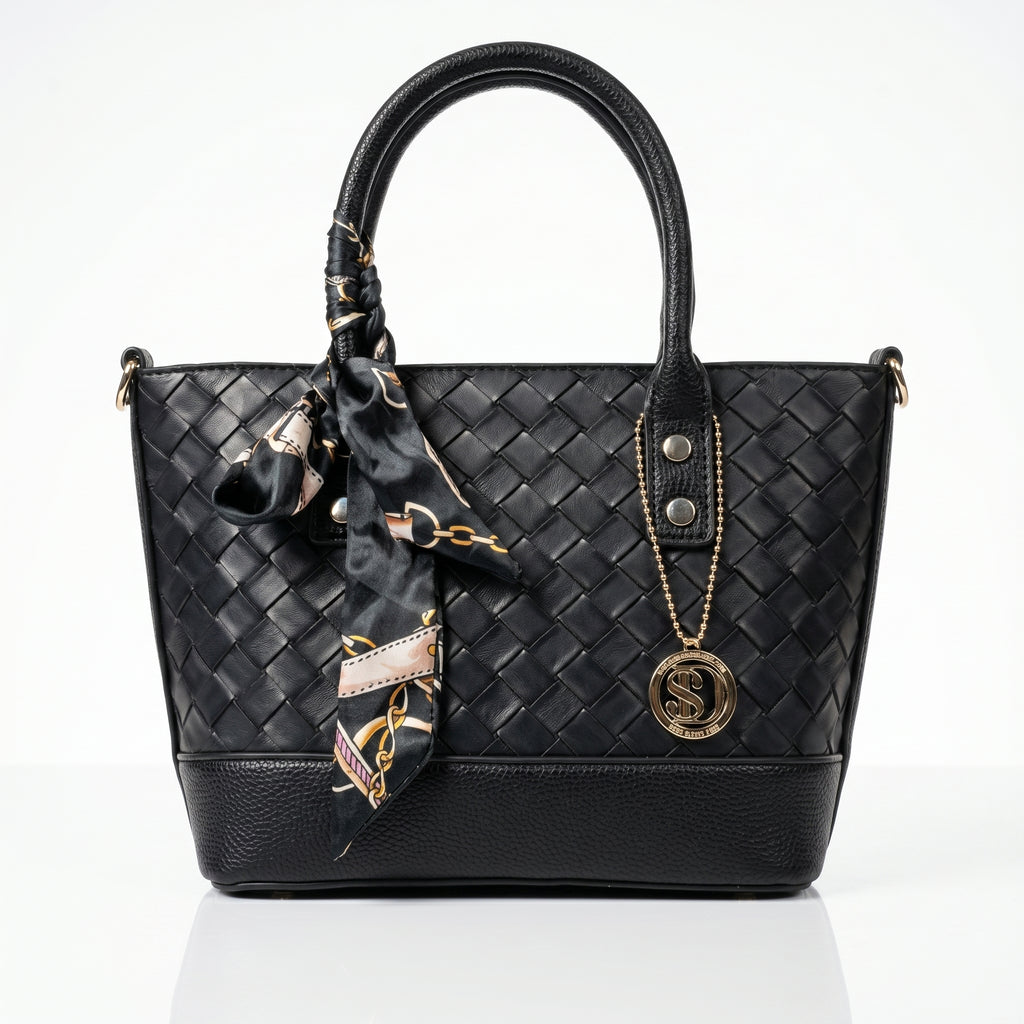 front of a leather bag