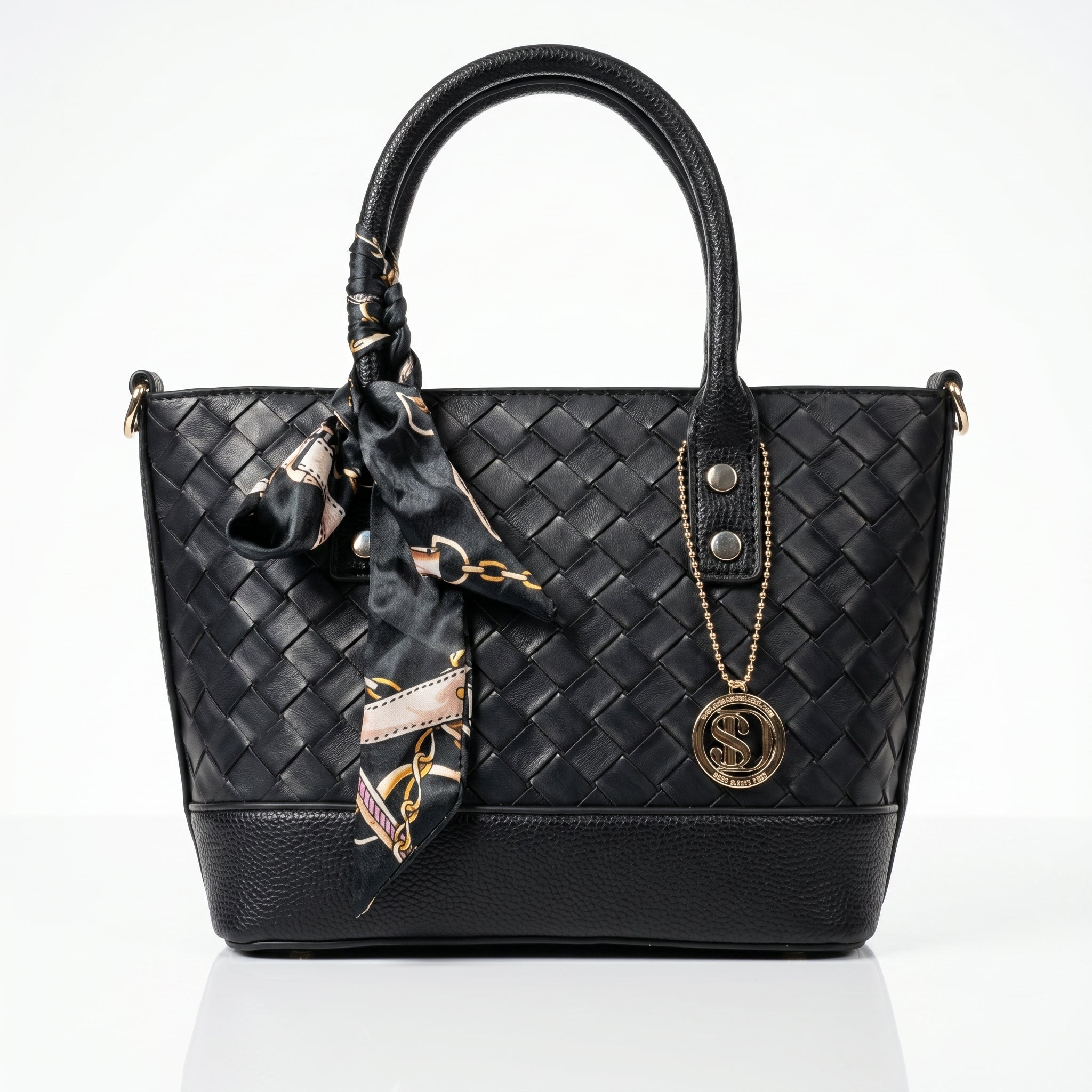 front of a leather bag