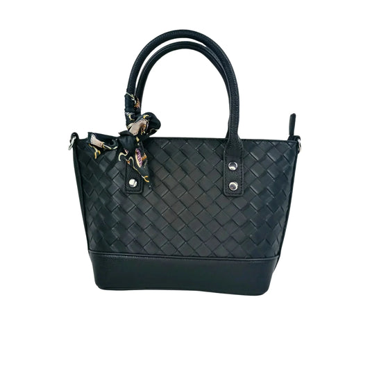 Stile Donna borsa shopper ecopelle nera intrecciata con dettaglio sciarpa donna – vista frontale