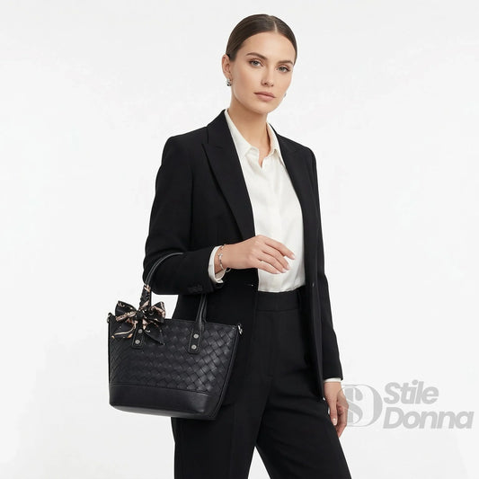 Stile Donna borsa shopper ecopelle nera intrecciata con sciarpa tote – vista laterale