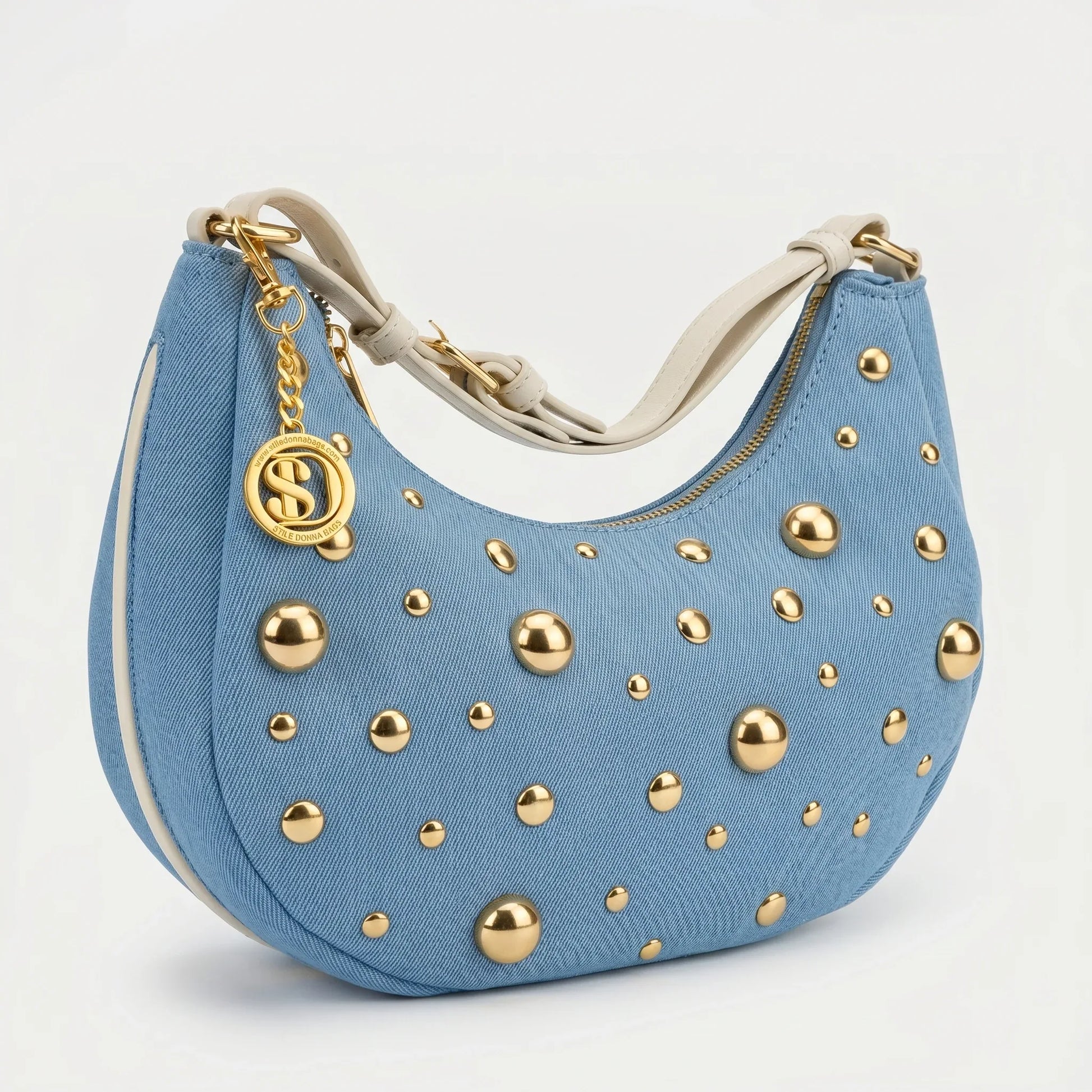 Stile Donna borsa denim blu con tracolla rimovibile – dettaglio chiusura