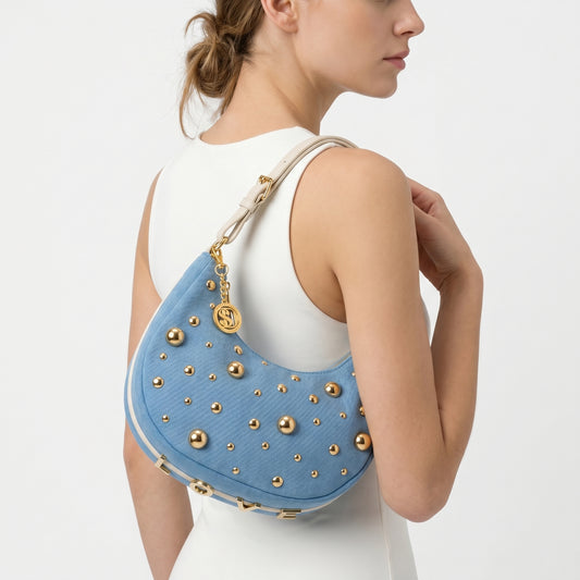 Stile Donna borsa denim blu con tracolla rimovibile – dettaglio esterno