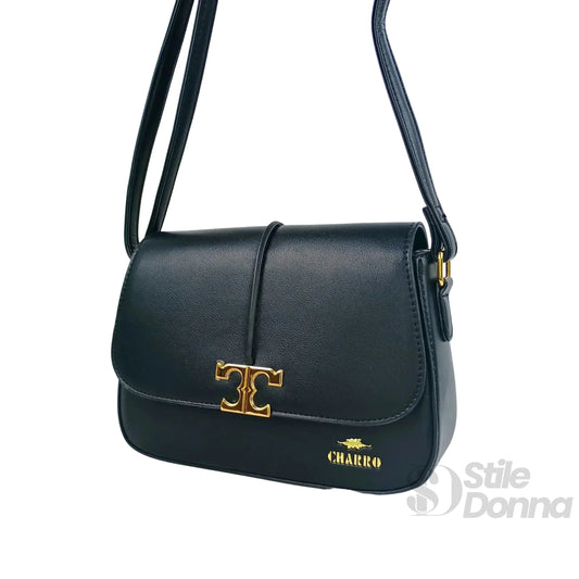 Charro borsa a tracolla ecopelle nera con chiusura logo – vista laterale