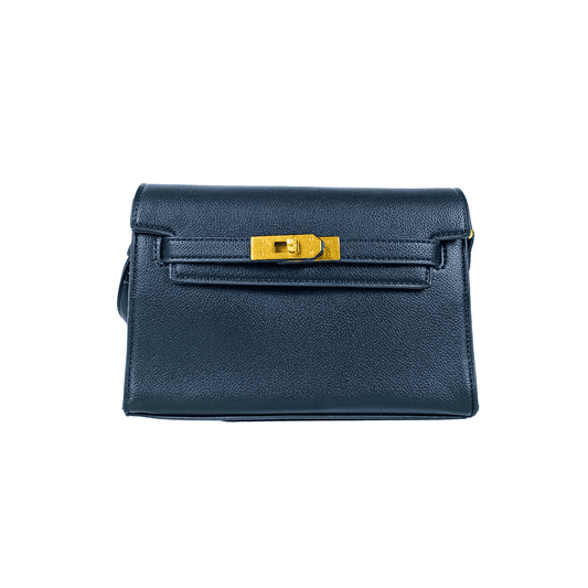 Navy blue handbag with a gold clasp on a white background