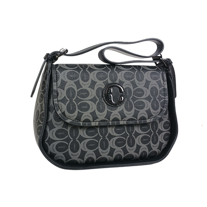Black patterned handbag with a brand logo on a white background