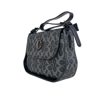 Gray patterned handbag with a brand logo on a white background