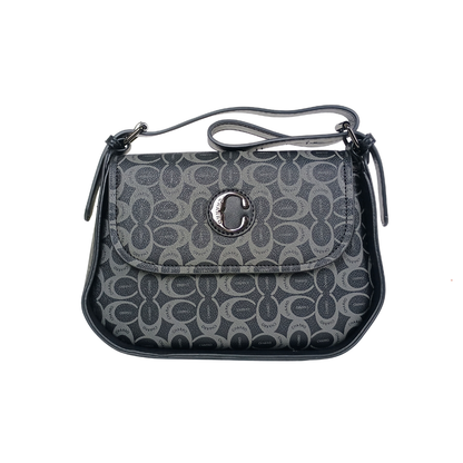 Black patterned handbag with a brand logo on a white background