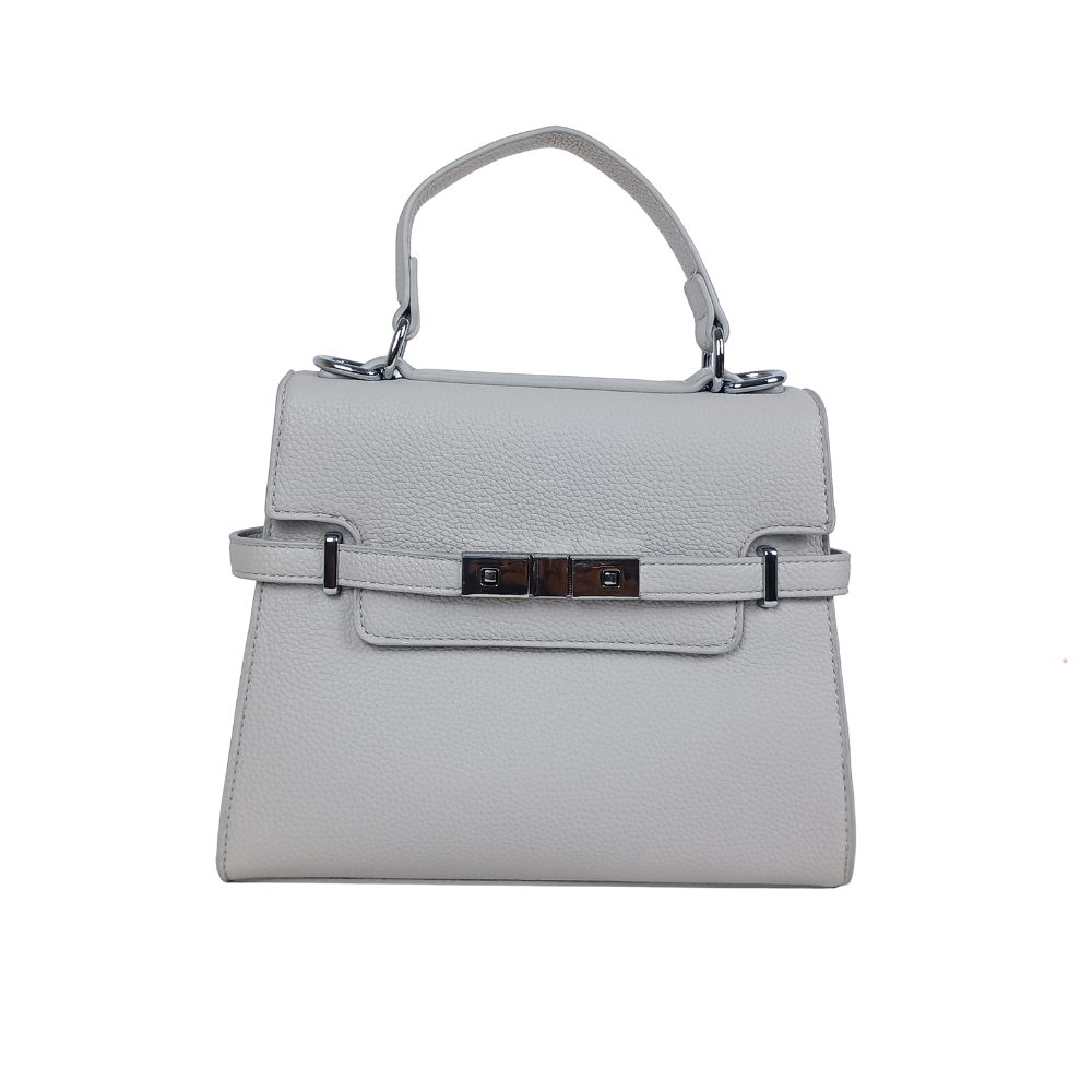Gray handbag with a silver buckle on a white background