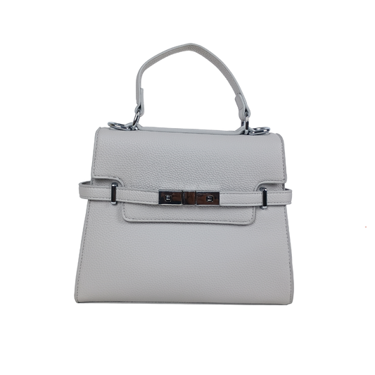 Gray handbag with a silver buckle on a white background