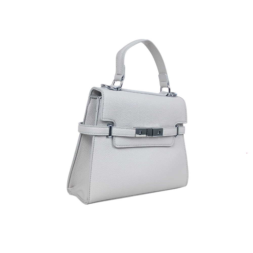 Light gray handbag with a silver buckle on a white background
