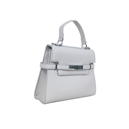 Light gray handbag with a silver buckle on a white background