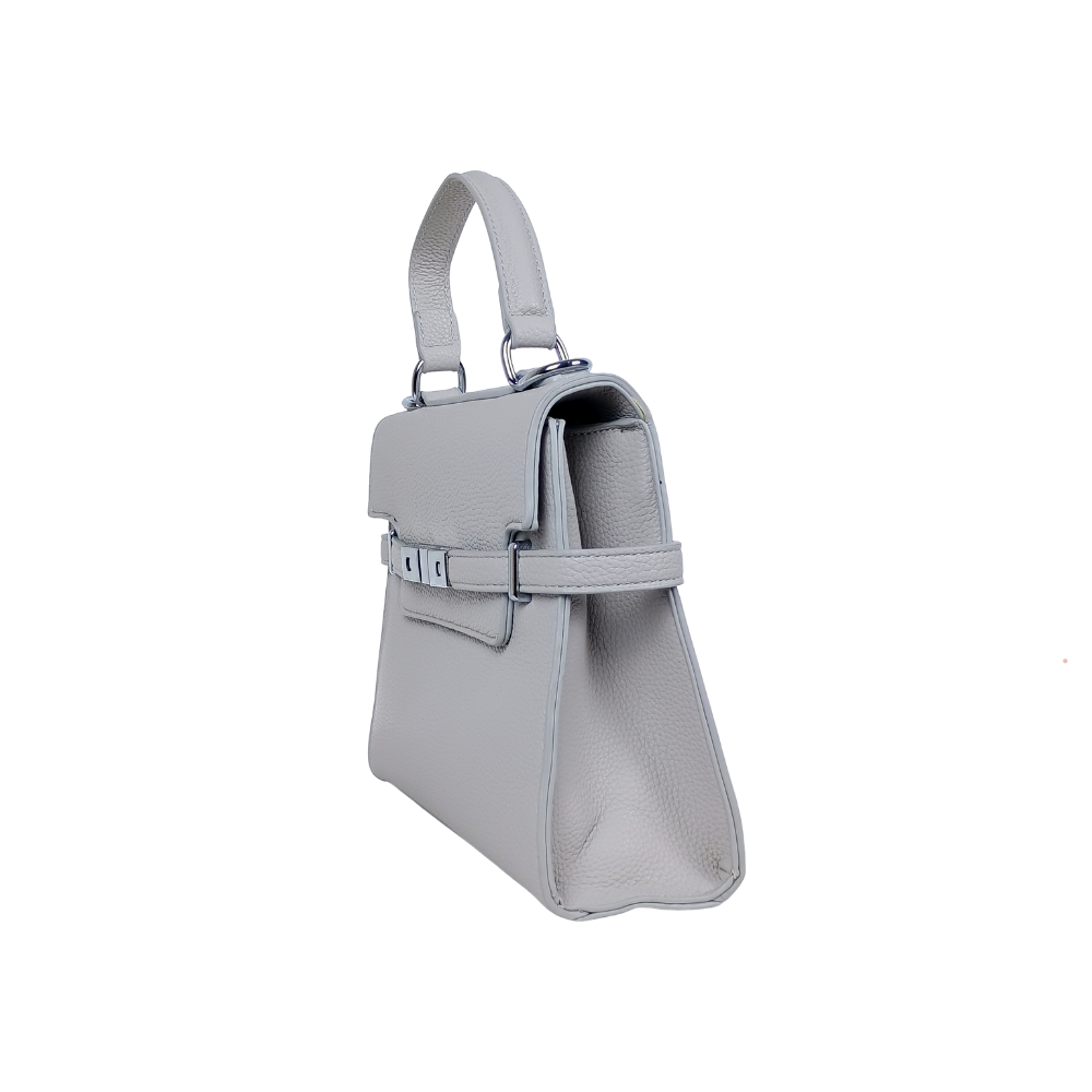 Gray handbag with a strap on a white background