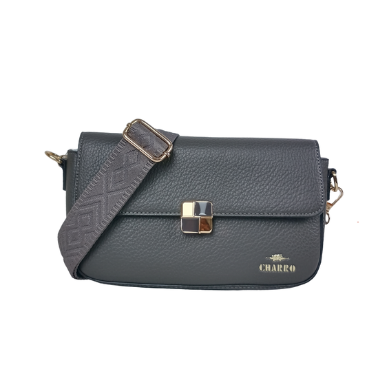 Gray shoulder bag with a gold clasp and 'Charro' branding on a white background